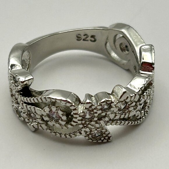 Sterling Silver 925 Wide Band Filigree Ring Clear CZ Accents Size 7 - Picture 1 of 10
